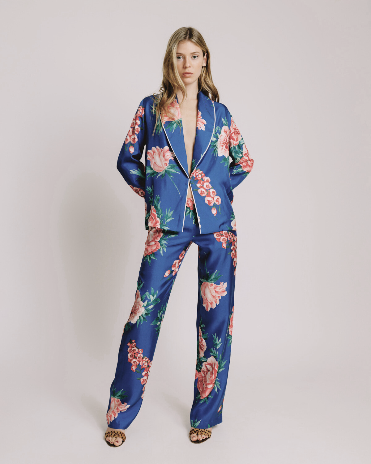 Emery Electric Blue & Coral Floral Silk Pants