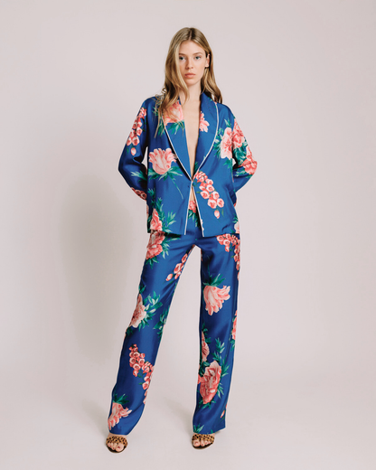 Emery Electric Blue & Coral Floral Silk Pants