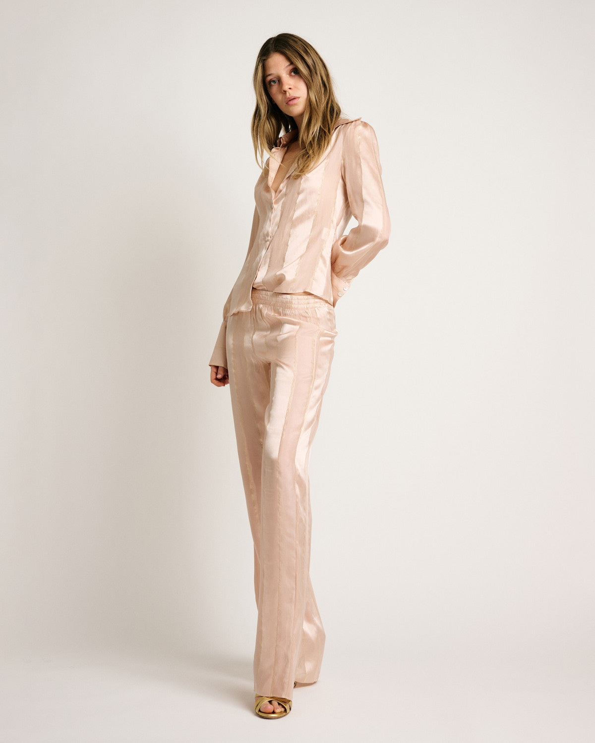 Sandy Pants Striped Silk Chiffon Gold Champagne