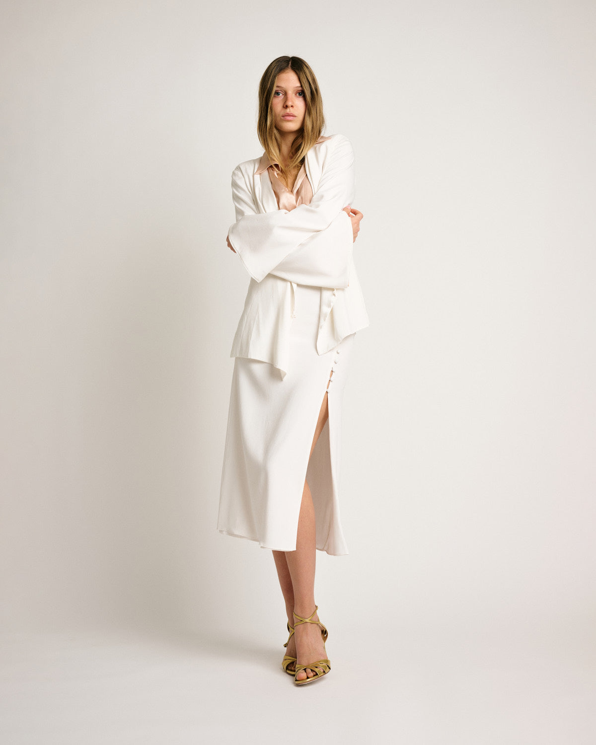 Hanna Blazer Solid White Silk Satin Strech