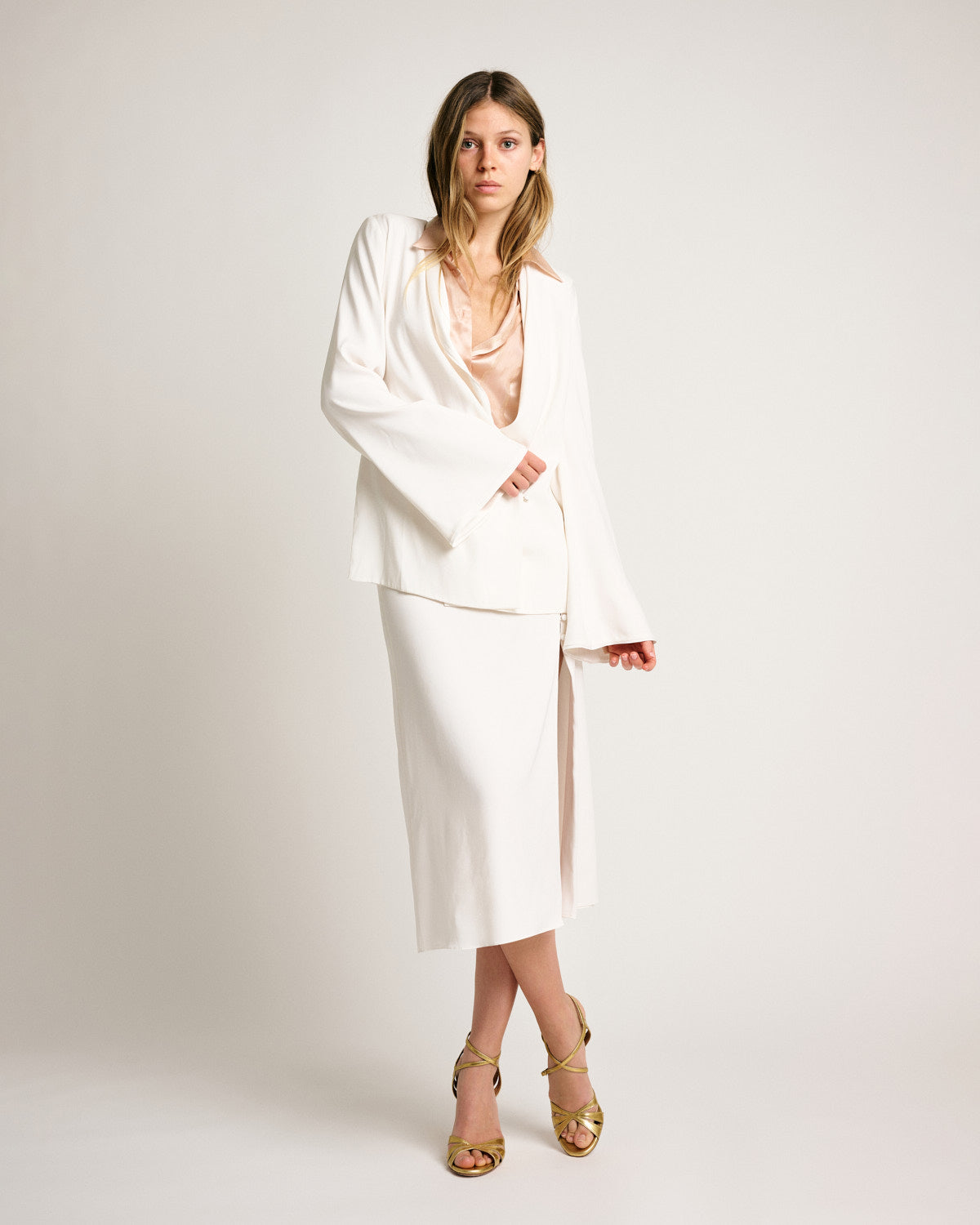 Hanna Blazer Solid White Silk Satin Strech