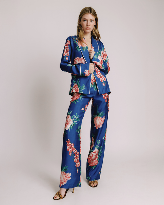 Emery Electric Blue & Coral Floral Silk Pants