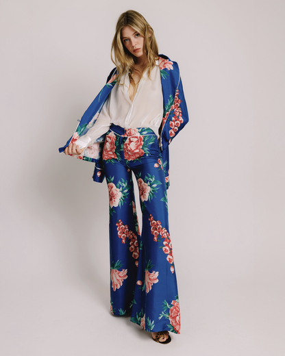 Patty Pants – Electric Blue & Coral Floral Silk Pants
