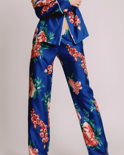 Emery Electric Blue & Coral Floral Silk Pants