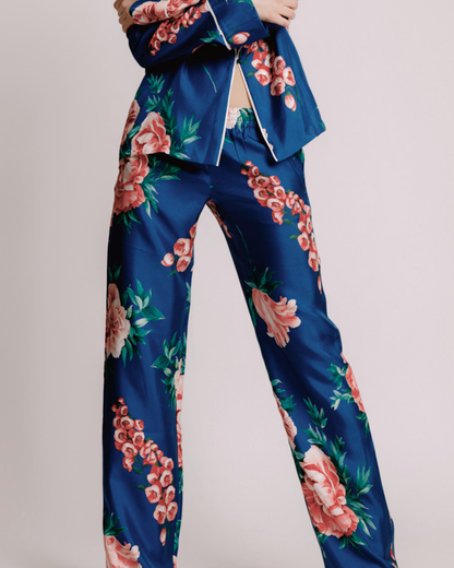 Emery Electric Blue & Coral Floral Silk Pants